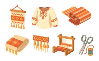 Obraz premium Ukrainian folk art flat icons set. featuring embroidery, blouse, rug, wall hanging, loom, and sewing tools.