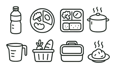 Cooking and food linear icon set. featuring water bottle, meal, bento box, pot, measuring jug, groceries, lunchbox, and steamed food icons.