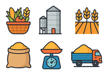 Agriculture flat icon set. featuring basket, silo, field, sack, scale, and truck symbols.