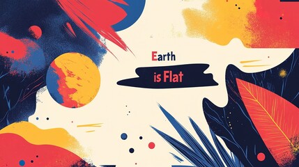 A vibrant abstract illustration featuring colorful celestial shapes and foliage, with the text "Earth is Flat" prominently displayed.