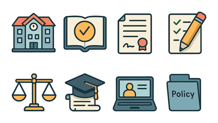 Education and legal flat icon set. featuring school, book, diploma, checklist, justice, graduation, policy symbols.
