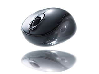 Gray computer mouse, glossy finish, reflected on a surface