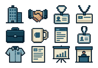 Business essentials flat icon set. featuring office building, handshake, badge, briefcase, mug, presentation symbols.
