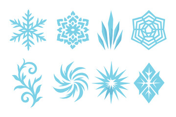 Winter elements silhouette icon set. featuring snowflake, frost, ice, flake, star, swirl, pattern, and burst symbols.