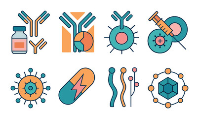 Medical science linear icon set. featuring vaccine, antibody, injection, pill, and cell symbols.