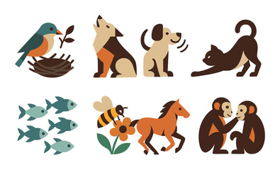 Animal nature flat icons set. featuring bird, wolf, dog, cat, fish, bee, horse, monkey symbols.