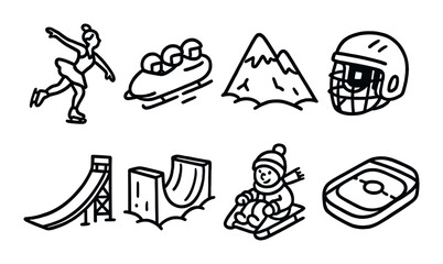 Winter sports silhouette icon set. featuring skating, bobsled, mountain, helmet, slide, halfpipe, sled, and rink icons.