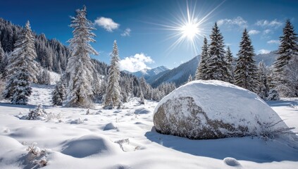 Fototapeta premium Snowy mountain landscape bathed in sunlight