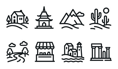 Travel destinations silhouette icon set. featuring house, pagoda, mountains, desert, road, market, church, and ruins icons.