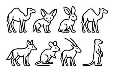 Desert animals silhouette icon set. featuring camel, fennec fox, rabbit, jerboa, gazelle, and meerkat symbols.