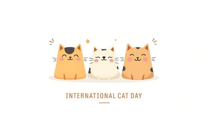 Three happy cute cartoon cats celebrate International Cat Day. Adorable smiling feline friends in a minimalist vector illustration on a clean white background.