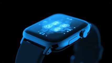 Smartwatch wearable technology digital blue screen modern device illuminated futuristic closeup innovation fitness health electronic wrist accessory touch interface lifestyle communication accessory - Powered by Adobe