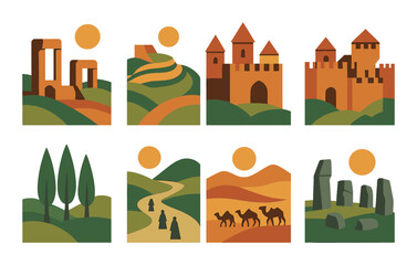 Obraz premium Scenery silhouette icon set. featuring castle, landscape, trees, pyramids, camels, stonehenge, and village scenes.