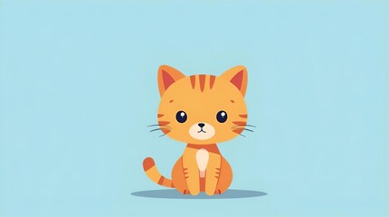Cute Big-Eyed Orange Tabby Kitten Cartoon Illustration Sitting on Light Blue Background Adorable Minimalist Pet Animal Kids Room Decor