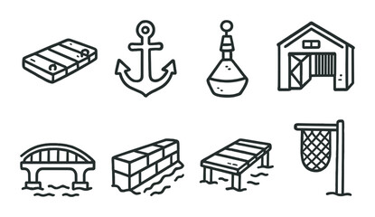 Nautical elements linear icon set. featuring dock, anchor, buoy, warehouse, bridge, breakwater, fishnet.