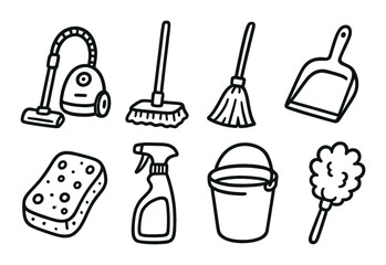 Cleaning tools linear icon set. featuring vacuum, mop, broom, dustpan, sponge, spray, bucket, and duster symbols.