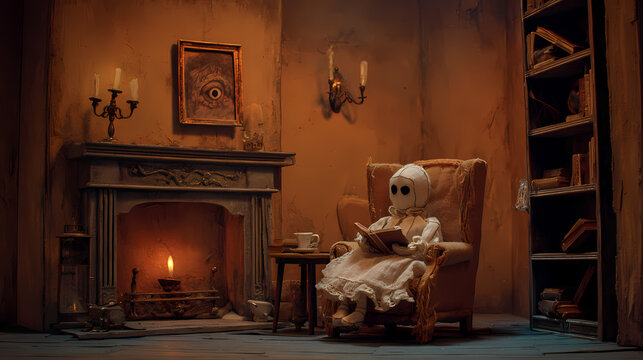 Ethereal figure reads by candlelight in a shadowy, vintage study, an unsettling yet tranquil scene