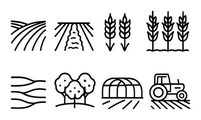 Fototapeta premium Agriculture and farming linear icons set. featuring field, irrigation, wheat, orchard, greenhouse, tractor.