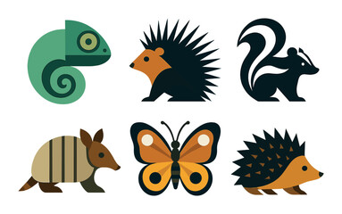 Fototapeta premium Wildlife animals flat icon set. featuring chameleon, porcupine, skunk, armadillo, butterfly, hedgehog symbols.