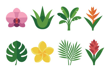 Fototapeta premium Tropical flower and leaf silhouette icon set. featuring orchid, aloe, palm, monstera, frangipani.