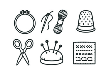 Sewing linear icons set. featuring hoop, needle, thread, thimble, scissors, pincushion, and patch symbols.