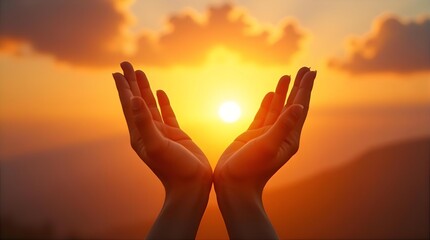 Warm cupped hands framing the vibrant golden sun during a breathtaking sunset. Spiritual nature scene with glowing light and hope.
