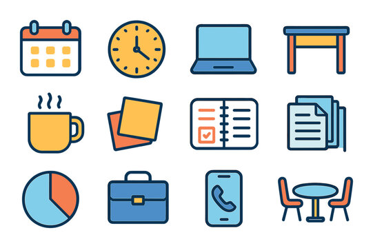 Office essentials linear icon set. featuring calendar, clock, laptop, desk, coffee, notes, planner, documents, chart, briefcase, phone, table.