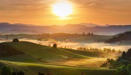 Obraz premium Serene Sunrise Over Rolling Hills With Gentle Mist And Golden Light In Tranquil Landscape
