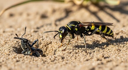 Wasp hunting insect prey on ground.