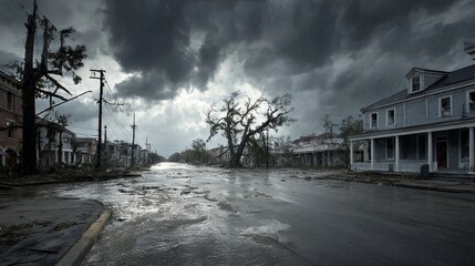 Devastated street scene after hurricane with flooded homes, broken trees, and heavy rain creating a somber, dramatic atmosphere