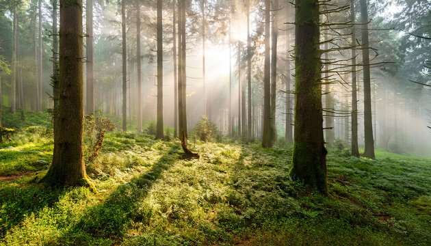 sunlight shining through the trees in a misty forest with green ground cover and tall tree trunks - Powered by Adobe