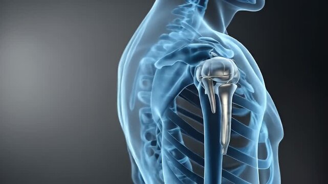 Detailed Blue Skeleton Illustration with Shoulder Joint Replacement on a Dark Background Medical Visualization for Educational Purposes