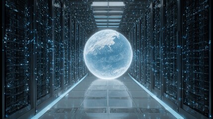 Futuristic data center hallway glows with a luminous Earth sphere, symbolizing global connectivity and advanced technology.