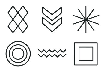Abstract shapes silhouette icon set. featuring diamond, arrows, starburst, circles, waves, and square symbols.