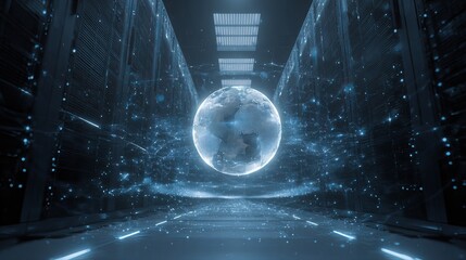 Stunning digital globe suspended in a futuristic server room, symbolizing global data connectivity and advanced technology infrastructure.