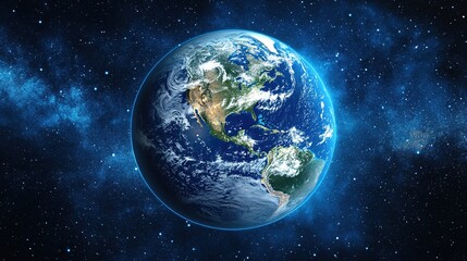 Naklejka premium A vibrant view of Earth in space, showcasing its continents and oceans against a backdrop of stars and cosmic clouds.