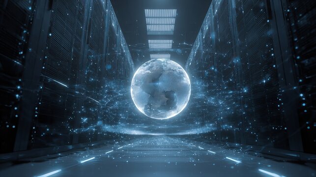 Stunning digital globe suspended in a futuristic server room, symbolizing global data connectivity and advanced technology infrastructure.