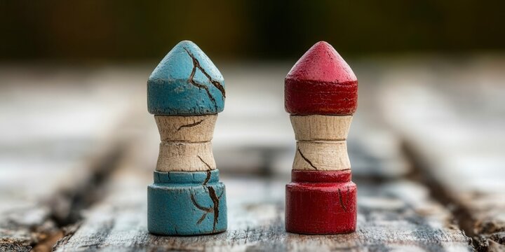 Two weathered, painted wooden objects stand out against a blurred, natural background.