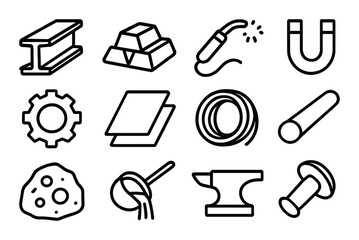 Fototapeta premium Industrial material linear icon set. featuring i-beam, gold bar, welding tool, magnet, gear, sheet metal, coil, rod, mineral, molten metal, anvil, rivet.