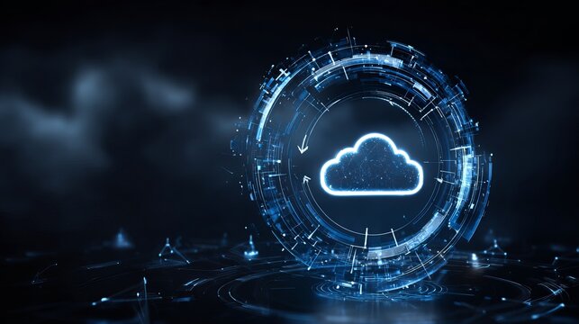Dynamic digital cloud transformation interface with glowing data streams and futuristic network connections symbolizing global connectivity and innovation