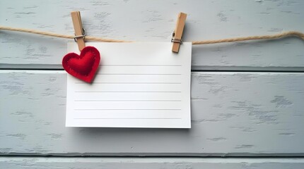 Valentine's Day Note Card with Red Heart Clothespin on Twine String. Blank Love Message on White Wood Background. Romantic Greeting Card Template.
