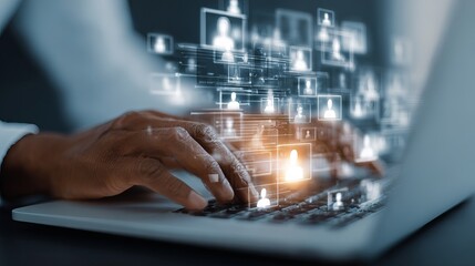 Professional analyzing digital network of people profiles on laptop, representing data management and human resources technology solutions