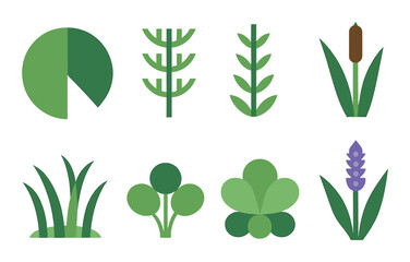 Nature silhouette icon set. featuring leaves, tree, plant, grass, flower, clover, reed, and bloom symbols..