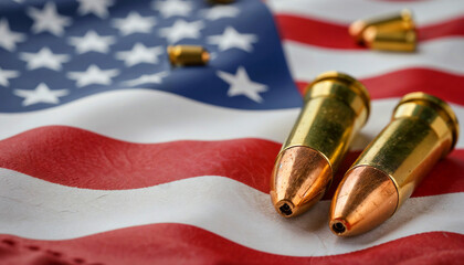 Two large bullets and scattered shell casings rest on a wrinkled North American flag. The scene symbolizes armed conflict, geopolitical tension in USA, and military crisis in the United States