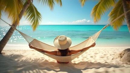 Woman Relaxing in Hammock on Tropical Beach: Vacation Getaway, White Sand, Turquoise Sea, Palm Trees, Summer Relaxation, Travel Destination