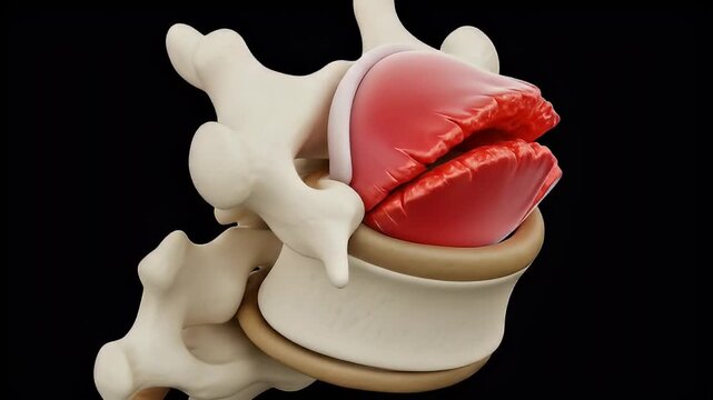 Herniated Disc Anatomy with Bone Structure in 3d Render on Black Background Showing Sciatica Pain Condition Causing Lower Backache Problem and Medical Illness