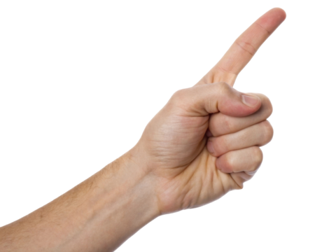 Human Hand Pointing with Extended Finger Emphasizing Direction and Instruction on Transparent Background