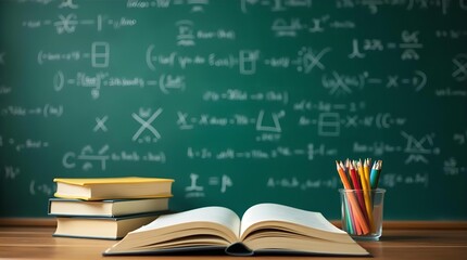 Math Education Still Life: Open Textbook, Chalkboard with Equations, and Pencils - Learning & Academic Concepts