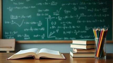 Classroom Scene: Open Textbook on Desk with Math Equations on Chalkboard - Education Stock Photo