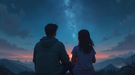 Couple Stargazing: Romantic Night Sky Art, Digital Painting of Lovers Under Milky Way, Mountain Landscape, Dreamy Celestial Scene